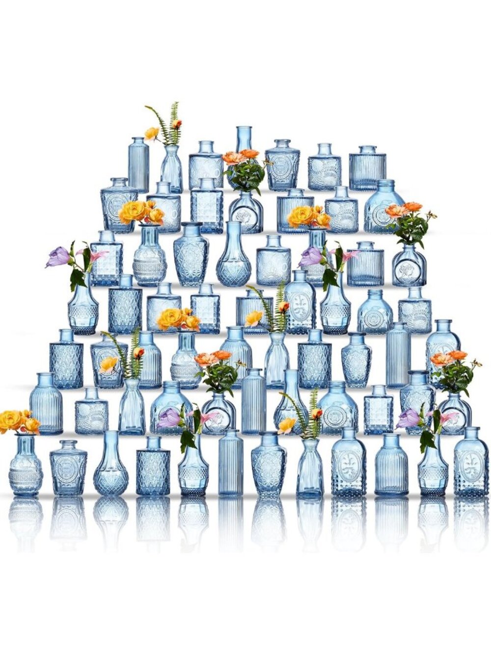 Set of 64 Mini Blue Glass Bud Vases - Vintage Crystal Flower Centerpieces for